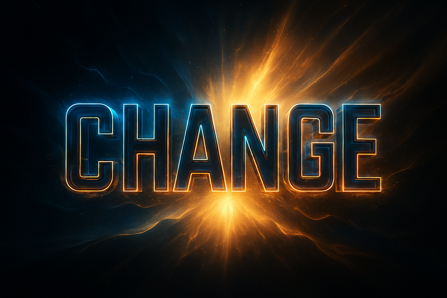 Create a modern, cinematic artwork that features the single word “CHANGE” as the main focus.
Make the typography bold, glowing, and futuristic with a powerful energy effect.
Background should feel inspiring and transformative — like light breaking through darkness, glowing gradients, or abstract energy waves.
Minimalistic but impactful. High detail, 4K resolution, motivational poster style.