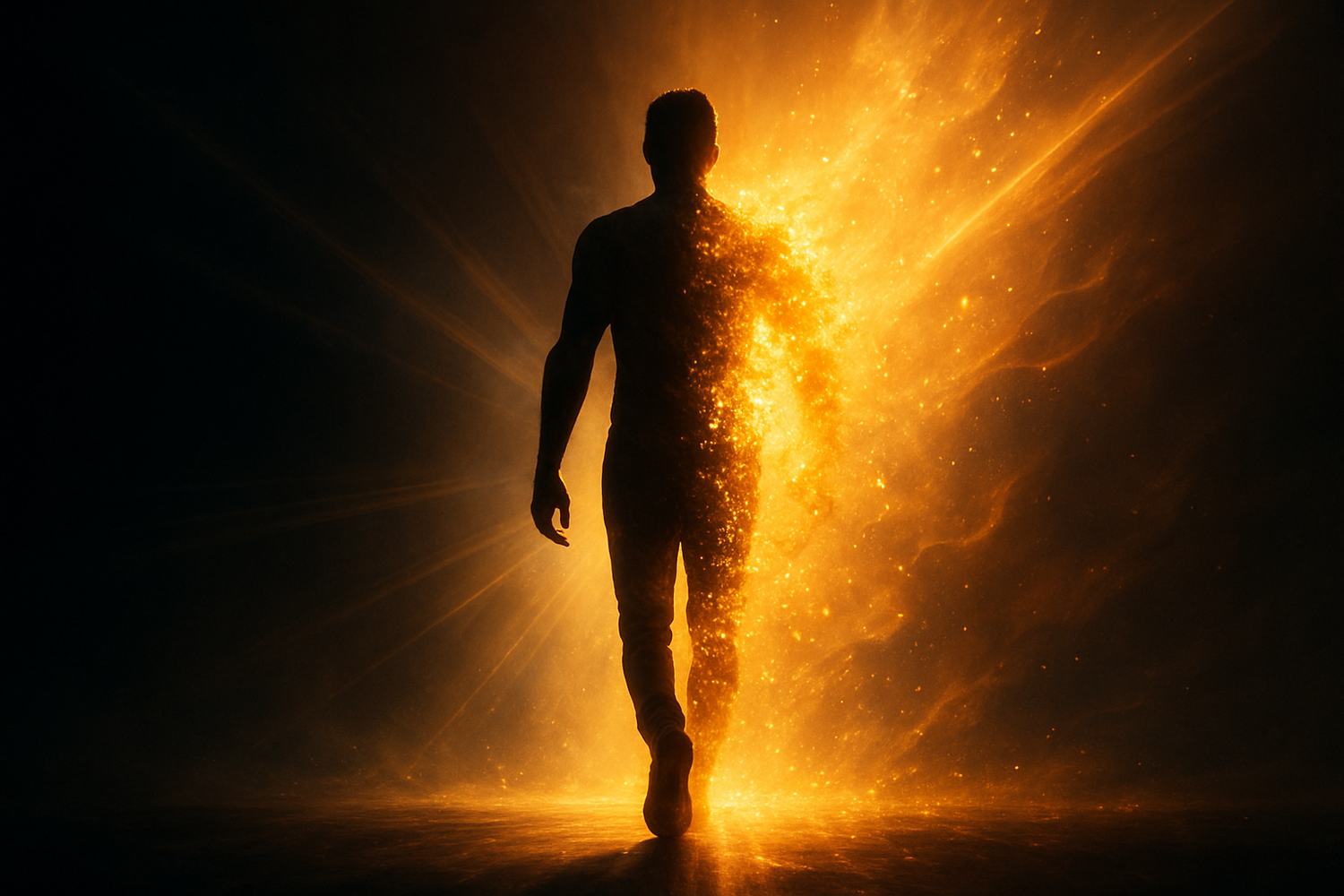 Create a modern, cinematic artwork that symbolizes transformation and change without using any words or text.
Show a powerful visual metaphor of change: a person stepping from darkness into glowing light, or a figure transforming into radiant energy.
Use abstract glowing effects, futuristic gradients, and cinematic lighting to create a sense of empowerment and transformation.
No text, no typography — only visuals that represent change.
High detail, 4K resolution, inspirational mood.