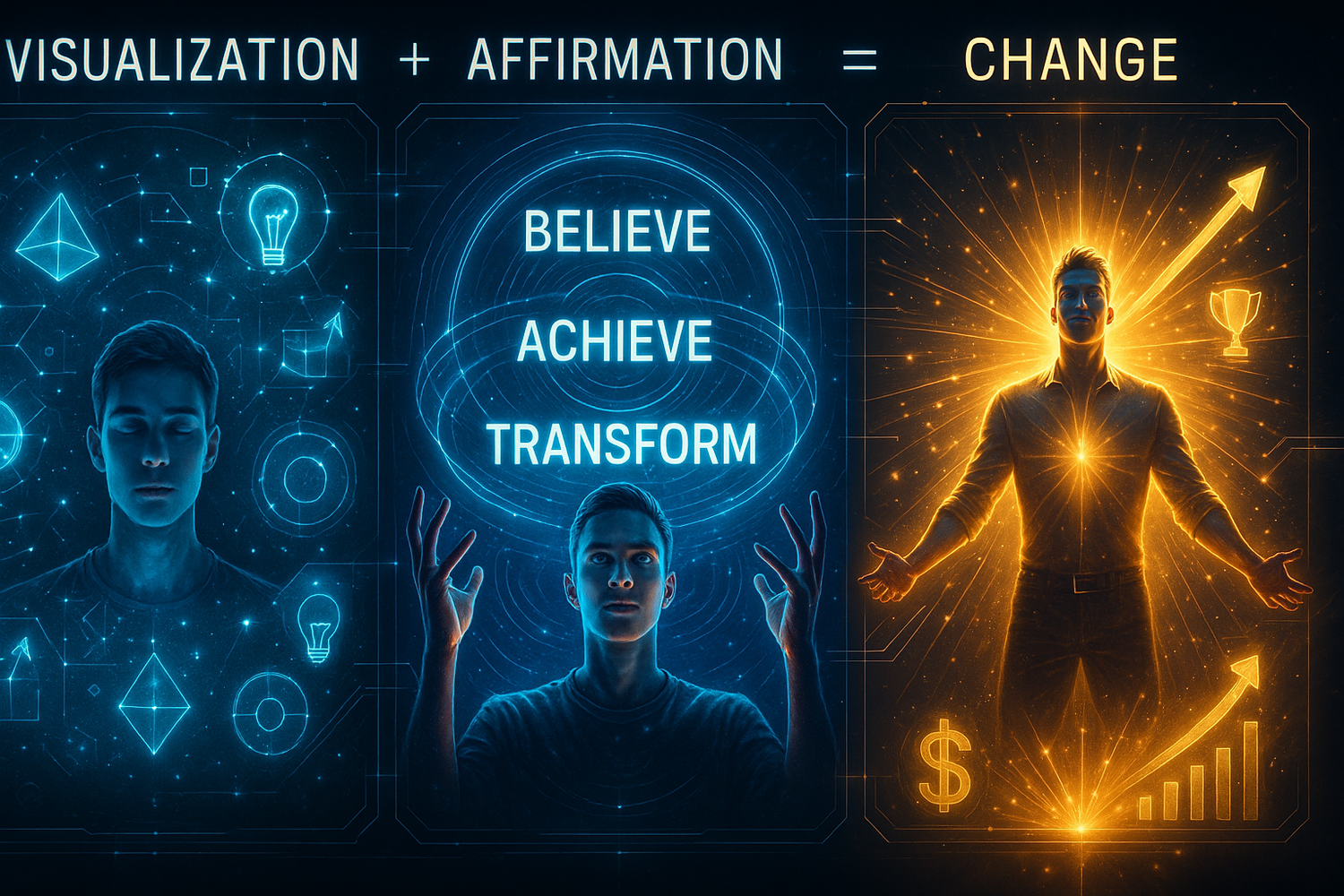 Create a modern, cinematic motivational artwork that visually represents the formula:
"Visualization + Affirmation = Change".
Show a progression from imagination, to self-belief, to transformation.
Use glowing energy, futuristic design, and inspiring visuals that feel powerful and uplifting.
High detail, modern style, inspirational mood.