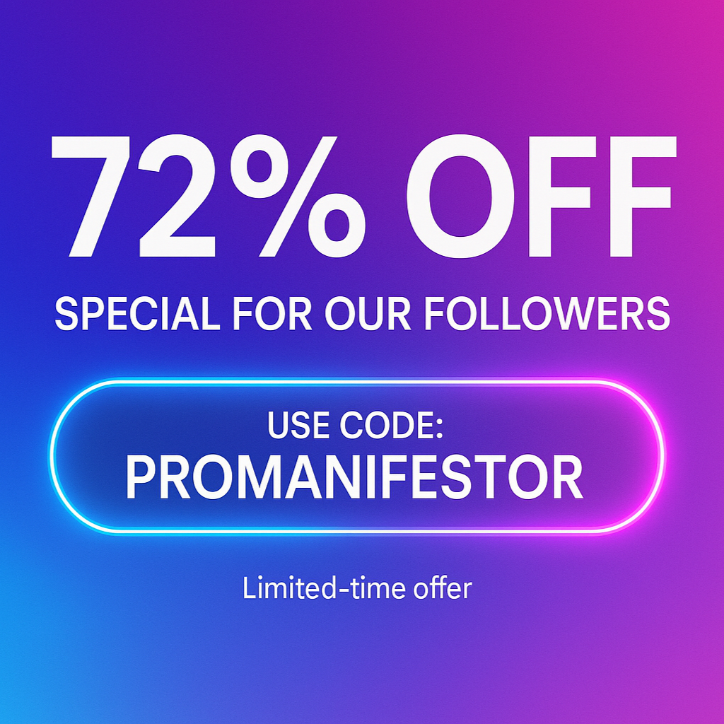 Website hero banner 1920×1080, 9:16 aspect ratio vibrant gradient background (deep purple → electric blue → pink). Huge bold headline: 72% OFF. Subhead line below: SPECIAL FOR OUR FOLLOWERS. Prominent neon pill/badge: USE CODE: PROMANIFESTOR. Tiny footer line: Limited-time offer. Clean modern typography, high contrast, centered layout, generous negative space, conversion-focused.